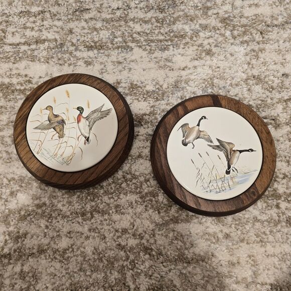 MCM Round Wooden Ceramic Tile Trivet Nature Scenes Birds In Flight Solid Oak Set - Picture 1 of 7